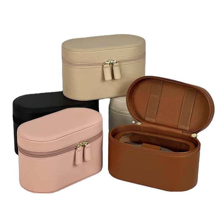 Pink Elegant PU Leather Makeup & Toiletry Bag - Large Capacity Travel Cosmetic Organizer with Brush Holder - Mekamart Australia