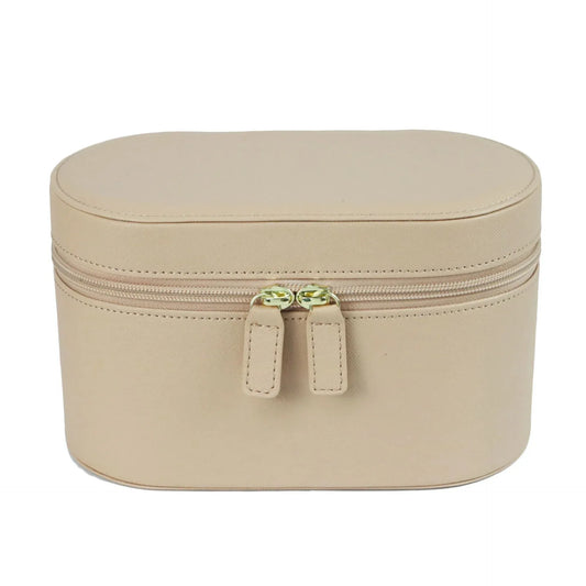 Beige Elegant PU Leather Makeup & Toiletry Bag - Large Capacity Travel Cosmetic Organizer with Brush Holder - Mekamart Australia