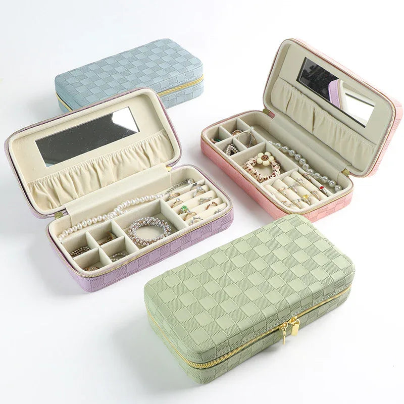 Purple Stylish PU Leather Travel Jewellery Box - Compact Organizer for Rings, Earrings, Necklaces with Mirror - Mekamart Australia