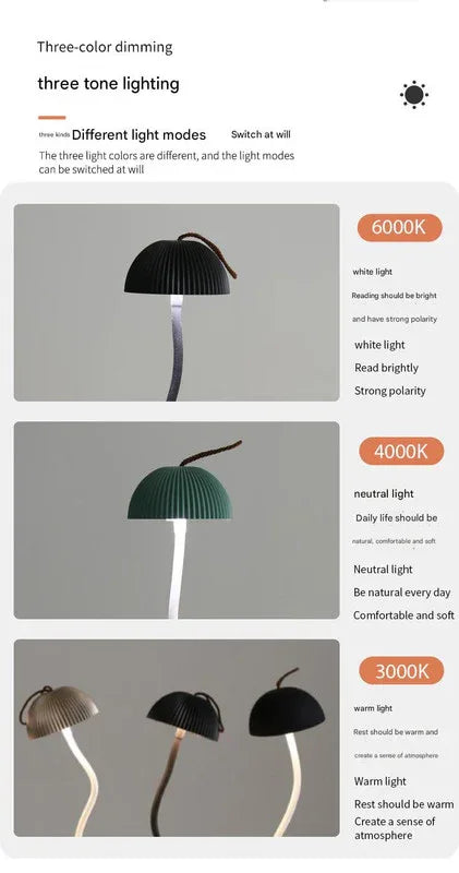 White Sleek Minimalist LED Mushroom Table Lamp - Rechargeable 3-Color Touch Control, Bar & Ambient Light - Mekamart Australia