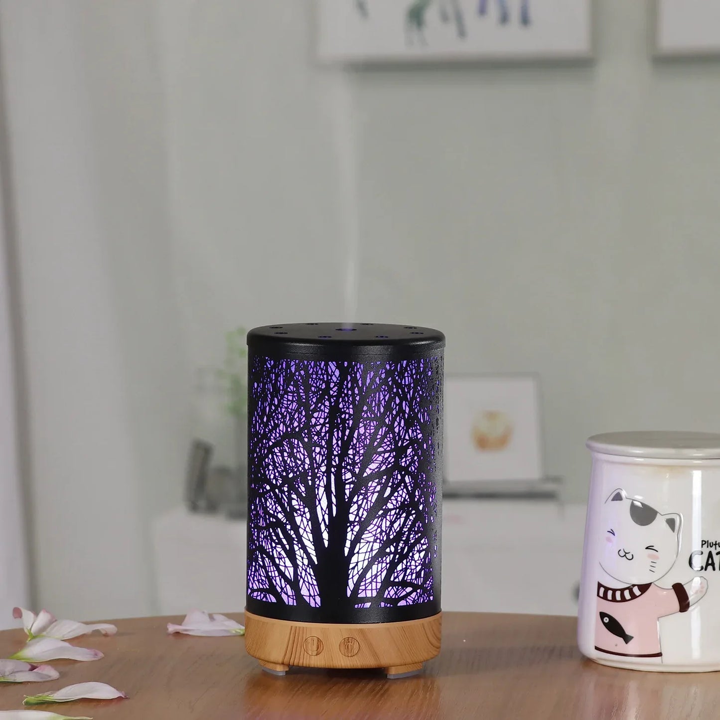 Khaki and Black Forest Design Iron Essential Oil Diffuser - 7 Color LED Ultrasonic Cool Mist Humidifier 100ml - Mekamart Australia