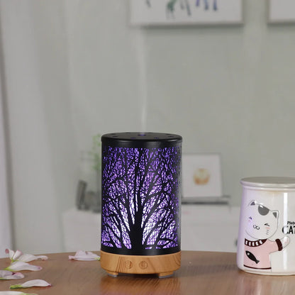 Khaki and Black Forest Design Iron Essential Oil Diffuser - 7 Color LED Ultrasonic Cool Mist Humidifier 100ml - Mekamart Australia