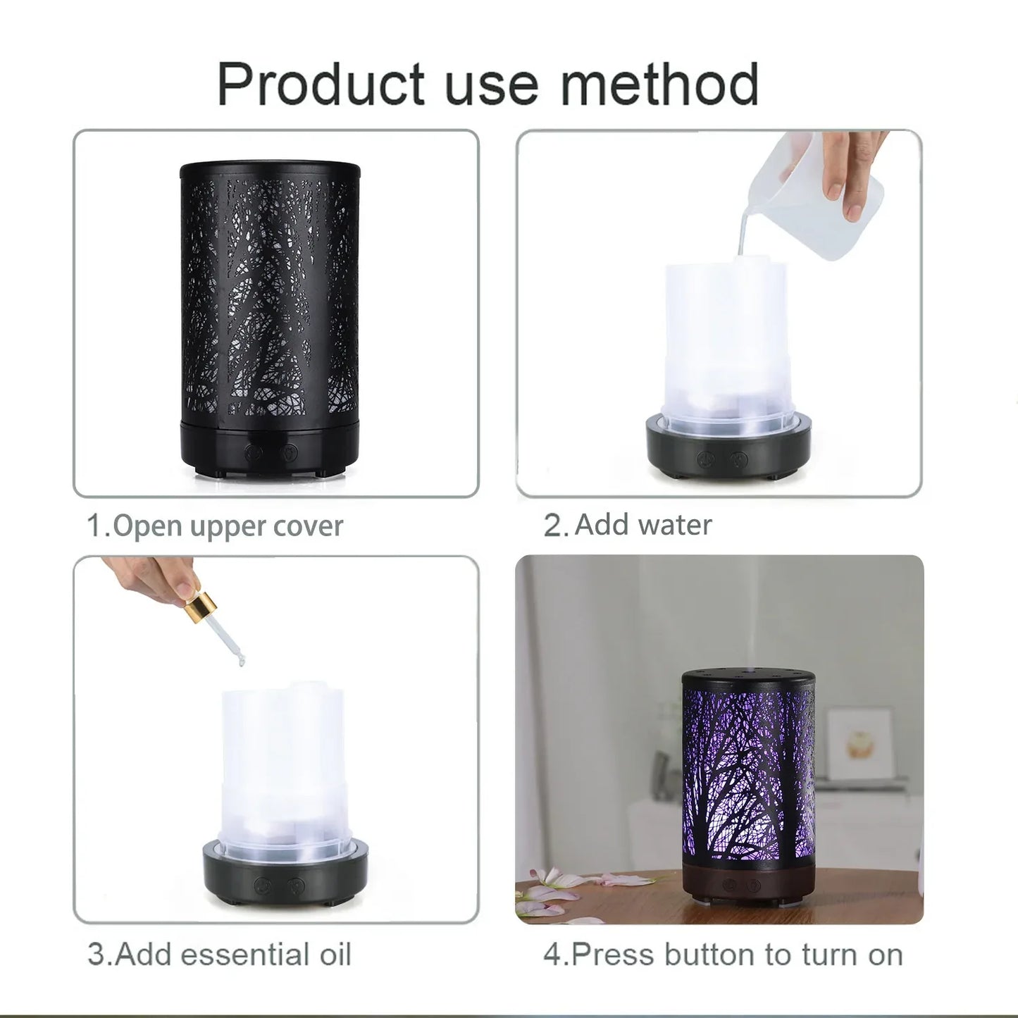 Khaki and Black Forest Design Iron Essential Oil Diffuser - 7 Color LED Ultrasonic Cool Mist Humidifier 100ml - Mekamart Australia