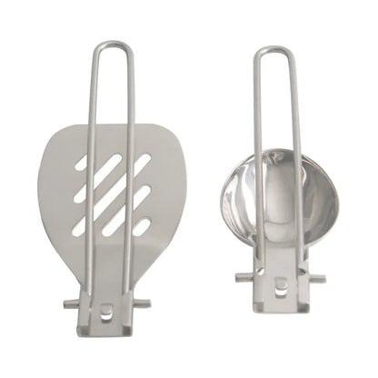 Silver Premium 304 Stainless Steel Folding Camping Utensil Set - Spatula & Deep Spoon Combo for Outdoor Cooking - Mekamart Australia