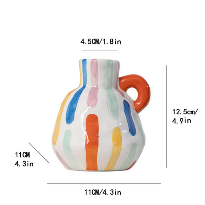 Colorful Charming Hand-Painted Ceramic Vase - Colourful Striped Jug Style Decorative Accent - Mekamart Australia