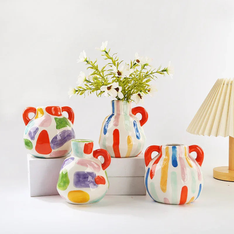Colorful Charming Hand-Painted Ceramic Vase - Colourful Striped Jug Style Decorative Accent - Mekamart Australia
