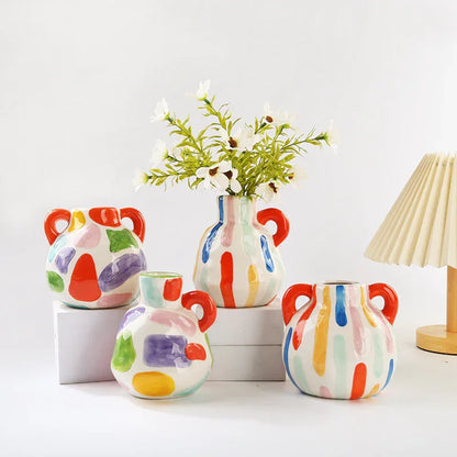 Colorful Charming Hand-Painted Ceramic Vase - Colourful Striped Jug Style Decorative Accent - Mekamart Australia