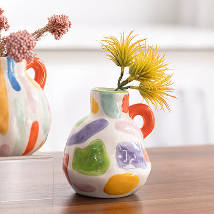 Colorful Charming Hand-Painted Ceramic Vase - Colourful Striped Jug Style Decorative Accent - Mekamart Australia