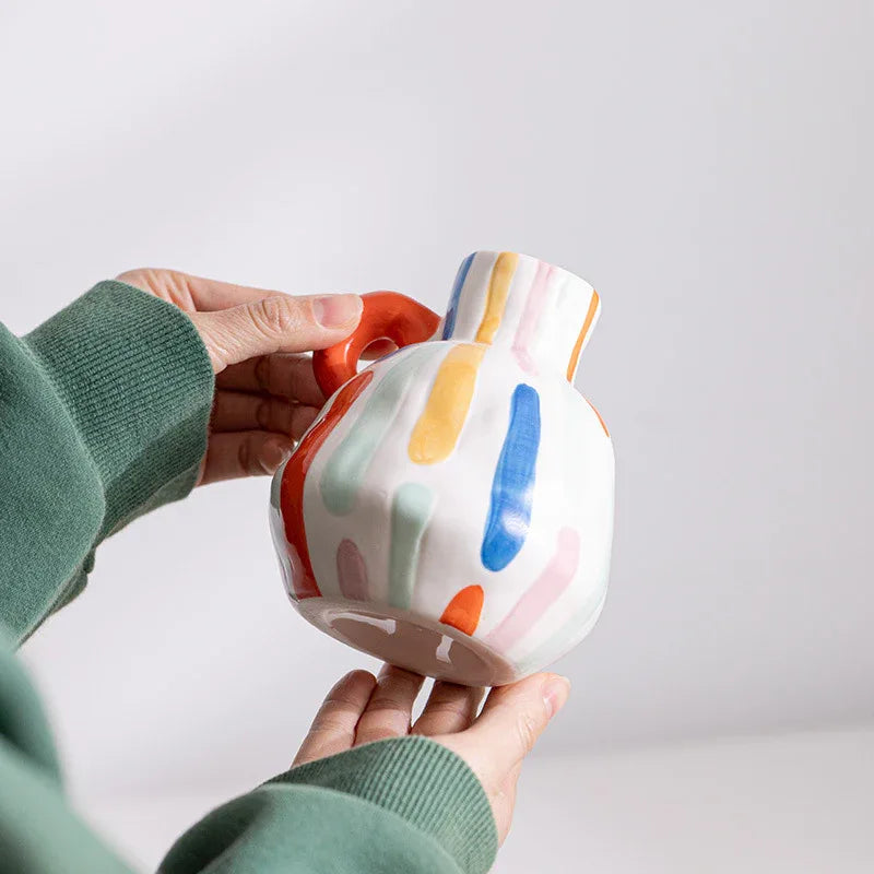 Colorful Charming Hand-Painted Ceramic Vase - Colourful Striped Jug Style Decorative Accent - Mekamart Australia