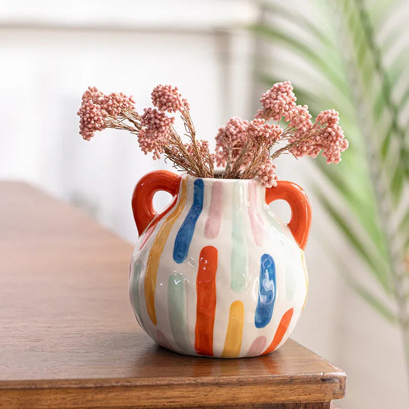 Colorful Charming Hand-Painted Ceramic Vase - Colourful Striped Jug Style Decorative Accent - Mekamart Australia