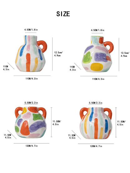 Colorful Charming Hand-Painted Ceramic Vase - Colourful Striped Jug Style Decorative Accent - Mekamart Australia