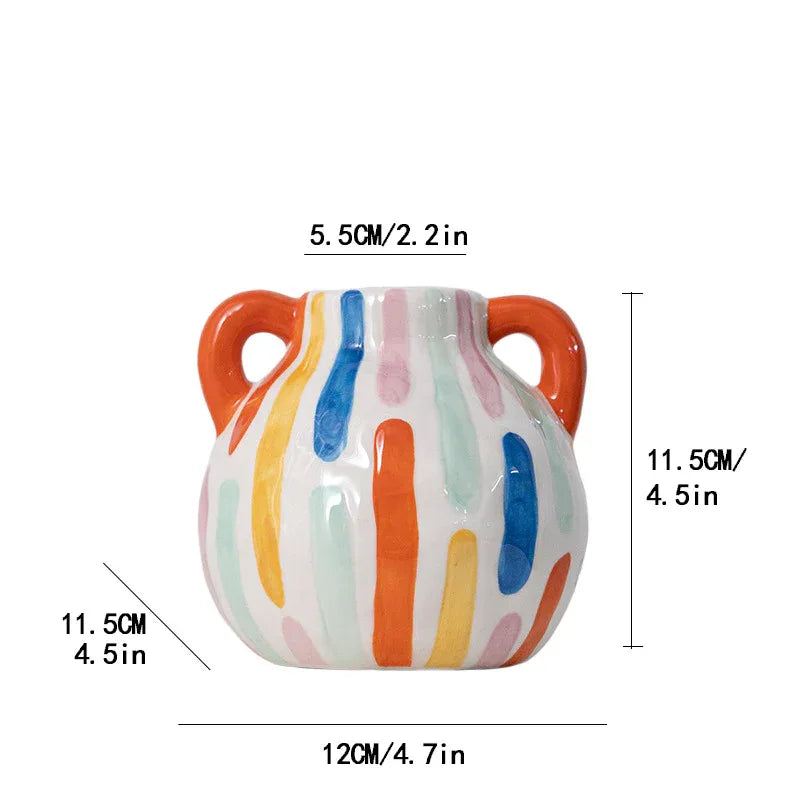 Colorful Artistic Hand-Painted Ceramic Vase - Dual Handle Pot Style - Colourful Striped Home Decor Accent - Mekamart Australia