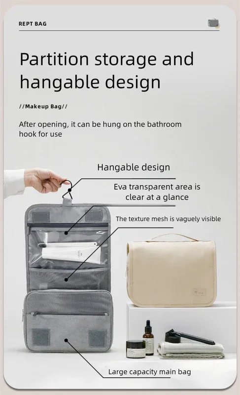 Beige Eco-Friendly RPET Hanging Toiletry Bag - Large Capacity Waterproof Travel Makeup Organizer - Mekamart Australia