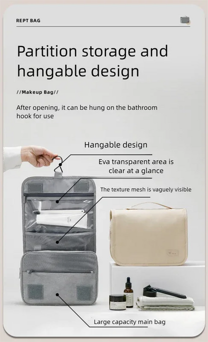 Beige Eco-Friendly RPET Hanging Toiletry Bag - Large Capacity Waterproof Travel Makeup Organizer - Mekamart Australia