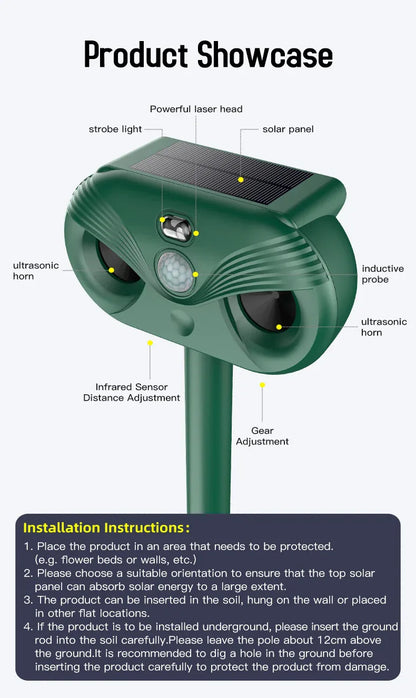 Green Advanced Solar Powered Ultrasonic Animal Repeller - Outdoor Pest Deterrent with Motion Sensor, Strobe Light & Laser - Mekamart Australia
