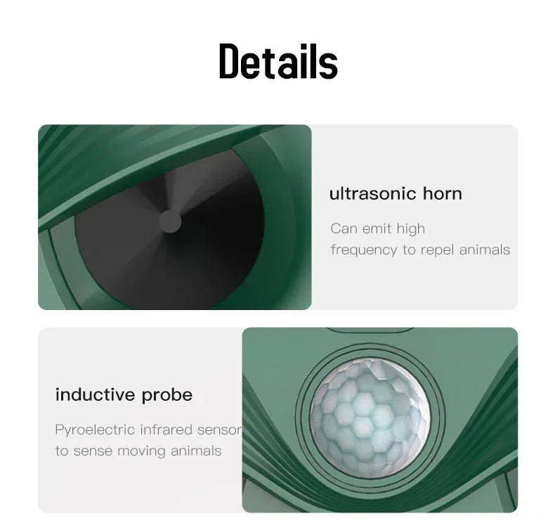 Green Advanced Solar Powered Ultrasonic Animal Repeller - Outdoor Pest Deterrent with Motion Sensor, Strobe Light & Laser - Mekamart Australia