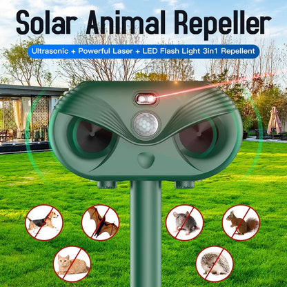 Black Advanced Solar Powered Ultrasonic Animal Repeller - Outdoor Pest Deterrent with Motion Sensor, Strobe Light & Laser - Mekamart Australia