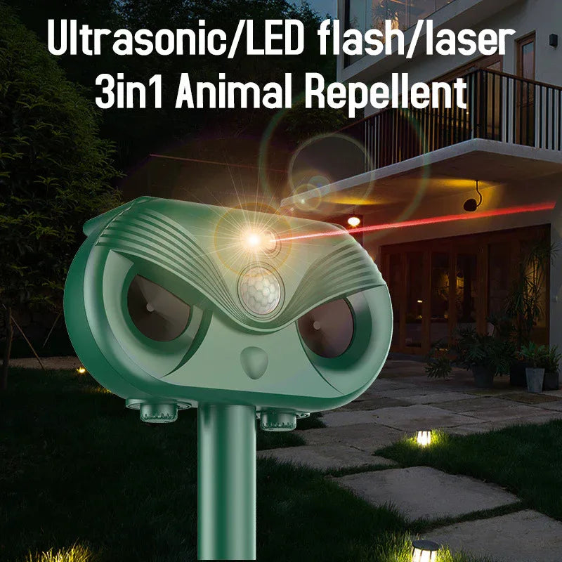 Black Advanced Solar Powered Ultrasonic Animal Repeller - Outdoor Pest Deterrent with Motion Sensor, Strobe Light & Laser - Mekamart Australia
