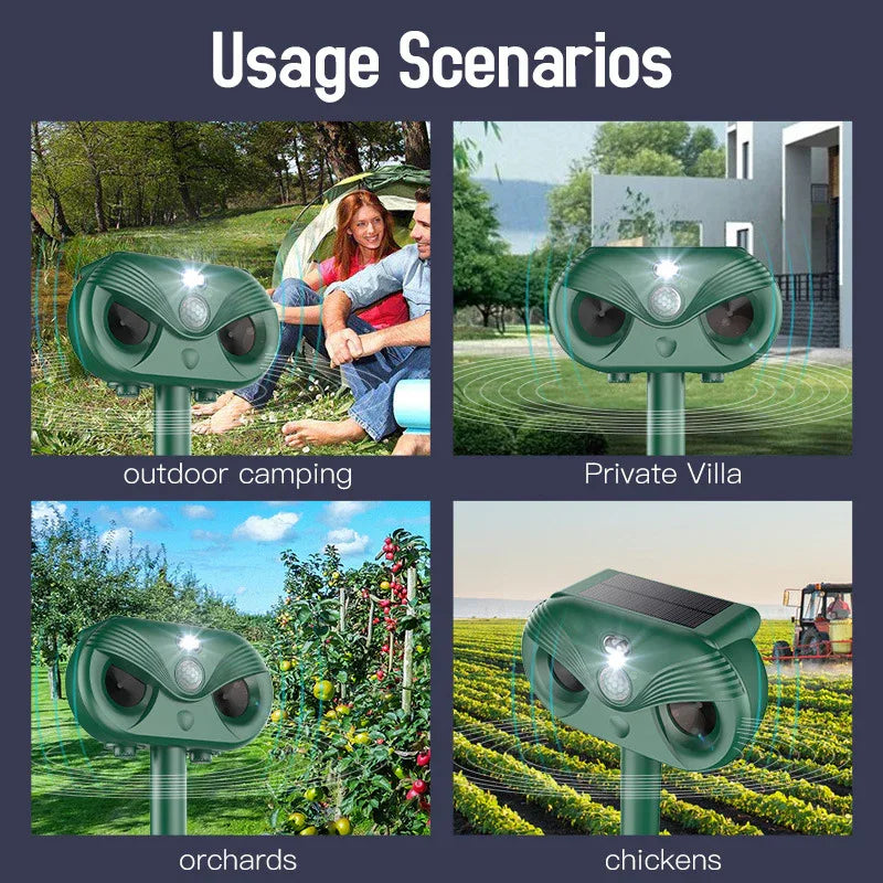 Black Advanced Solar Powered Ultrasonic Animal Repeller - Outdoor Pest Deterrent with Motion Sensor, Strobe Light & Laser - Mekamart Australia