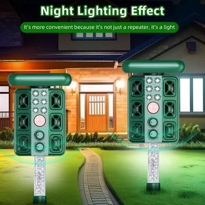 Green Solar Powered Ultrasonic Animal Repeller - Multi-Frequency Pest Deterrent with Motion Sensor, LED Strobe & Illumination Light - Mekamart Australia