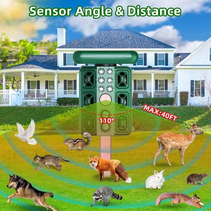 Green Solar Powered Ultrasonic Animal Repeller - Multi-Frequency Pest Deterrent with Motion Sensor, LED Strobe & Illumination Light - Mekamart Australia
