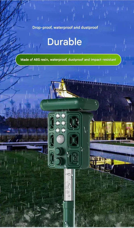 Green Solar Powered Ultrasonic Animal Repeller - Multi-Frequency Pest Deterrent with Motion Sensor, LED Strobe & Illumination Light - Mekamart Australia