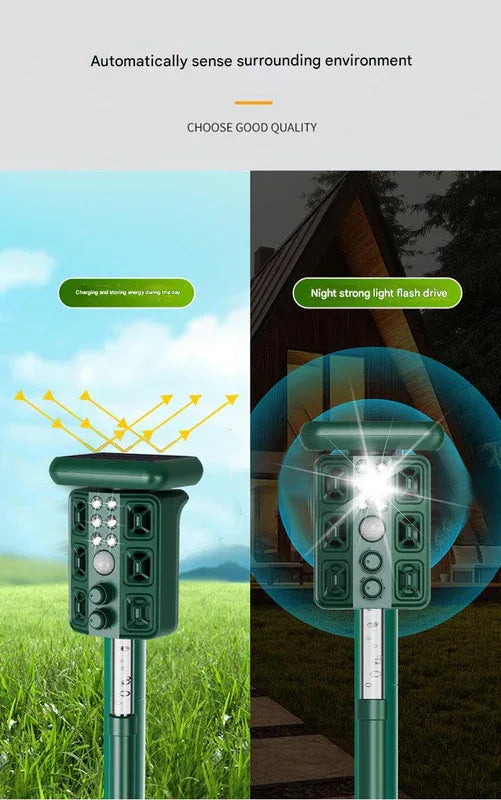 Green Solar Powered Ultrasonic Animal Repeller - Multi-Frequency Pest Deterrent with Motion Sensor, LED Strobe & Illumination Light - Mekamart Australia