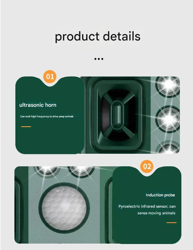 Green Solar Powered Ultrasonic Animal Repeller - Multi-Frequency Pest Deterrent with Motion Sensor, LED Strobe & Illumination Light - Mekamart Australia
