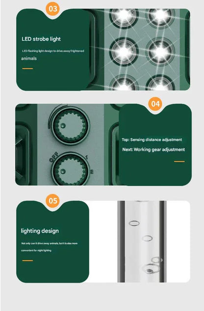 Green Solar Powered Ultrasonic Animal Repeller - Multi-Frequency Pest Deterrent with Motion Sensor, LED Strobe & Illumination Light - Mekamart Australia