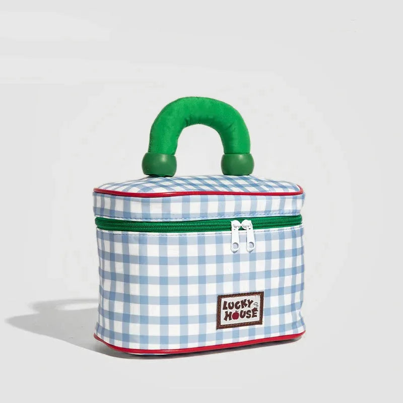 Blue And Green Chic Gingham Plaid Cosmetic Bag - Large Capacity Portable Travel Toiletry Organizer, Water-Resistant - Mekamart Australia