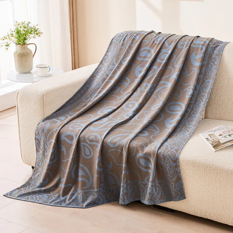 Brown,Taupe and Blue Elegant Patterned Throw Blanket - Soft Polyester Nap & Sofa Cover, 185x135cm Lightweight AC Blanket - Mekamart Australia