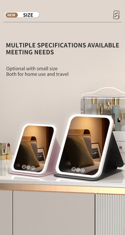 Black Large Foldable LED Makeup Mirror - Portable Desktop Vanity with 3 Color Lights, Stepless Dimming & Adjustable Stand