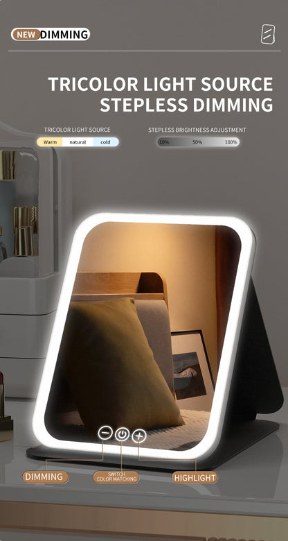 Black Small Foldable LED Makeup Mirror - Portable Desktop Vanity with 3 Color Lights, Stepless Dimming & Adjustable Stand