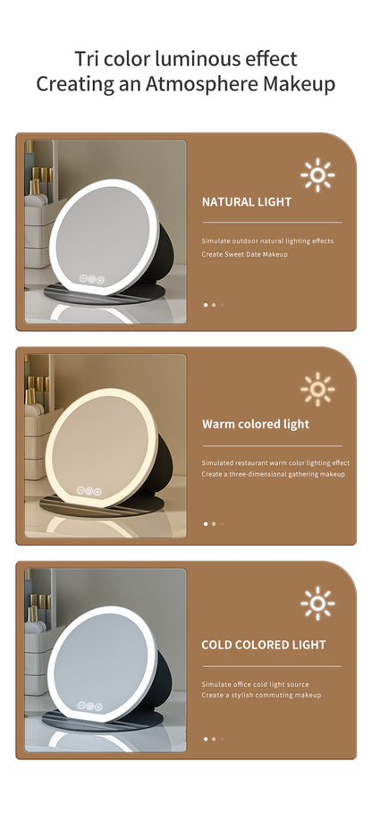 Pink Large Round Foldable LED Makeup Mirror - 22cm Desktop Vanity with 3 Color Lights & Stepless Dimming
