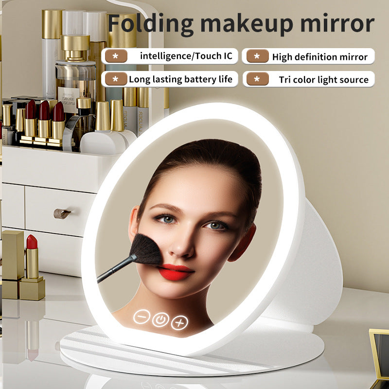 Pink Small Round Foldable LED Makeup Mirror - 18.5cm Desktop Vanity with 3 Color Lights & Stepless Dimming