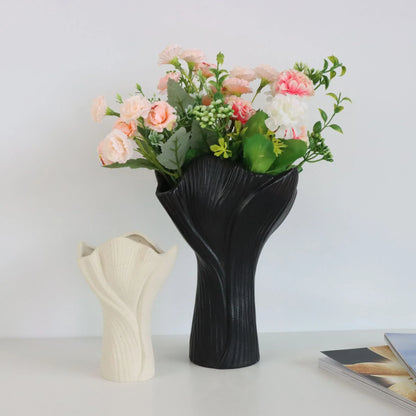White Elegant Off-White Ceramic Vase - Modern Sculptural Flower Holder with Wide Fluted Opening - Mekamart Australia