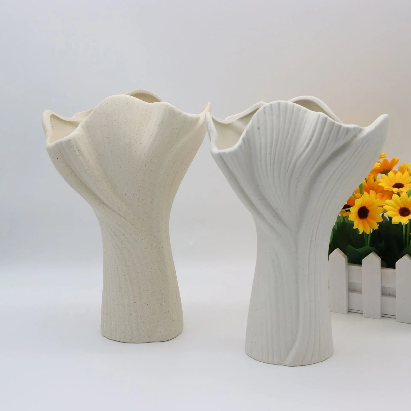White Elegant Off-White Ceramic Vase - Modern Sculptural Flower Holder with Wide Fluted Opening - Mekamart Australia