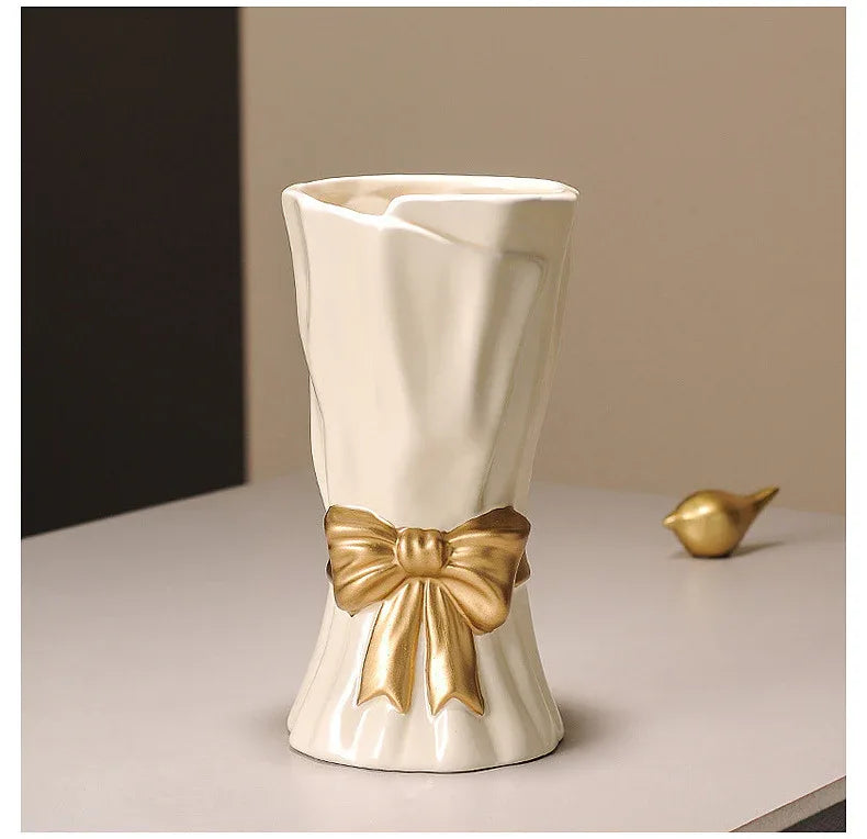 Beige Elegant Ceramic Vase with Golden Bow Accent - Textured Relief Flower Holder for Living Room & Dining Table Decor - Mekamart Australia