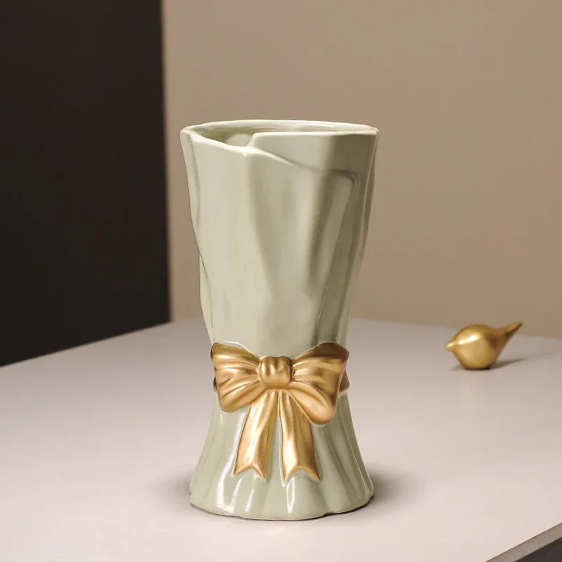 Green Elegant Ceramic Vase with Golden Bow Accent - Textured Relief Flower Holder for Living Room & Dining Table Decor - Mekamart Australia
