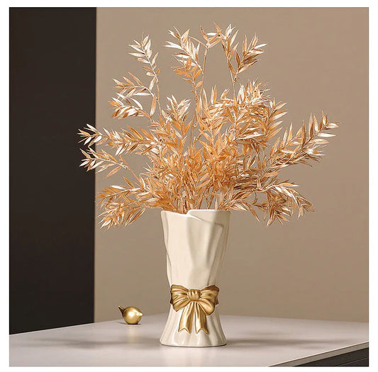 Green Elegant Ceramic Vase with Golden Bow Accent - Textured Relief Flower Holder for Living Room & Dining Table Decor - Mekamart Australia