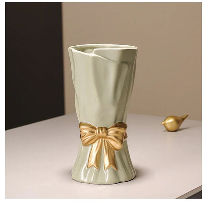 Green Elegant Ceramic Vase with Golden Bow Accent - Textured Relief Flower Holder for Living Room & Dining Table Decor - Mekamart Australia