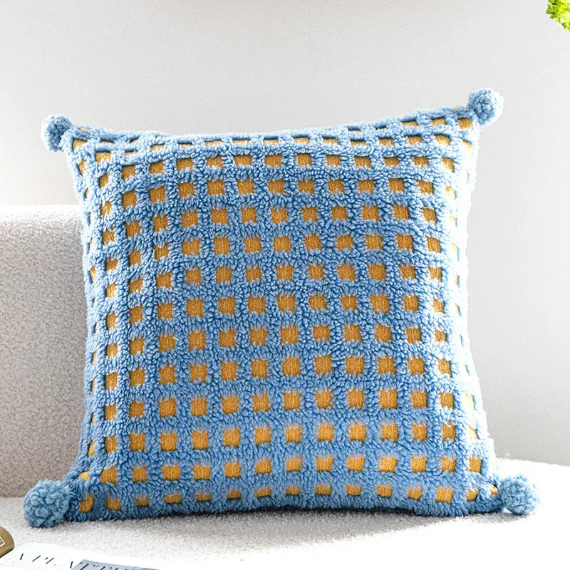 Blue and Yellow 3D Checkered Cushion Cover with Pom Poms - Soft Decorative Pillow Case for Sofa & Living Room (45x45cm, Cover Only) - Mekamart Australia