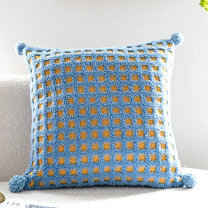 Blue and Yellow 3D Checkered Cushion Cover with Pom Poms - Soft Decorative Pillow Case for Sofa & Living Room (45x45cm, Cover Only) - Mekamart Australia