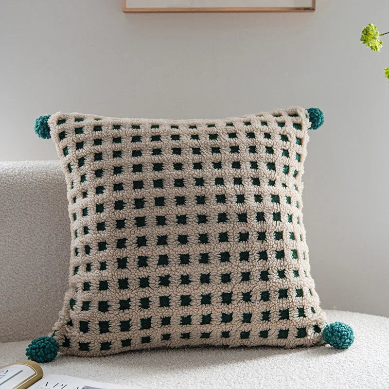 Beige and Green 3D Checkered Cushion Cover with Pom Poms - Soft Decorative Pillow Case for Sofa & Living Room (45x45cm, Cover Only) - Mekamart Australia