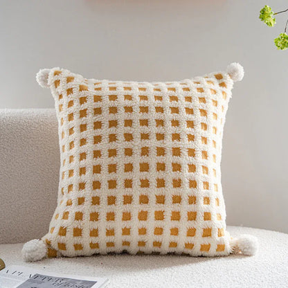 Beige and Yellow 3D Checkered Cushion Cover with Pom Poms - Soft Decorative Pillow Case for Sofa & Living Room (45x45cm, Cover Only) - Mekamart Australia