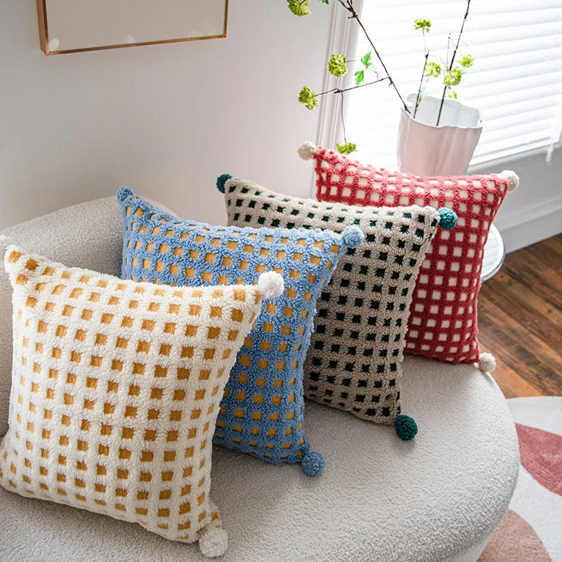 Beige and Yellow 3D Checkered Cushion Cover with Pom Poms - Soft Decorative Pillow Case for Sofa & Living Room (45x45cm, Cover Only) - Mekamart Australia
