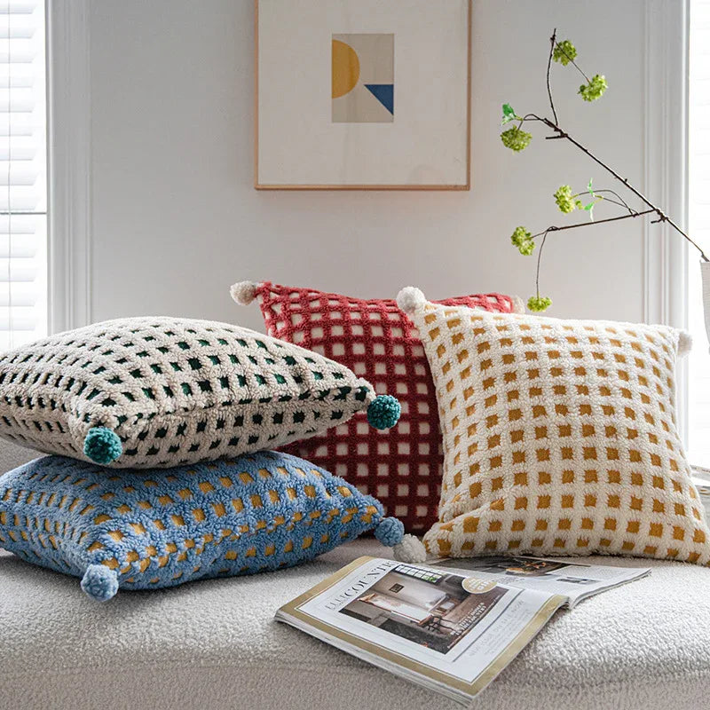 Beige and Yellow 3D Checkered Cushion Cover with Pom Poms - Soft Decorative Pillow Case for Sofa & Living Room (45x45cm, Cover Only) - Mekamart Australia