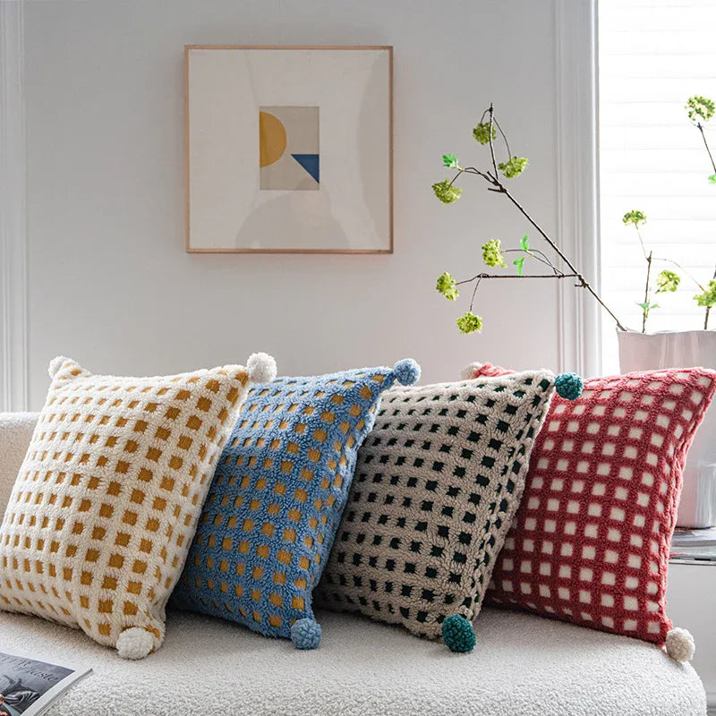 Beige and Yellow 3D Checkered Cushion Cover with Pom Poms - Soft Decorative Pillow Case for Sofa & Living Room (45x45cm, Cover Only) - Mekamart Australia