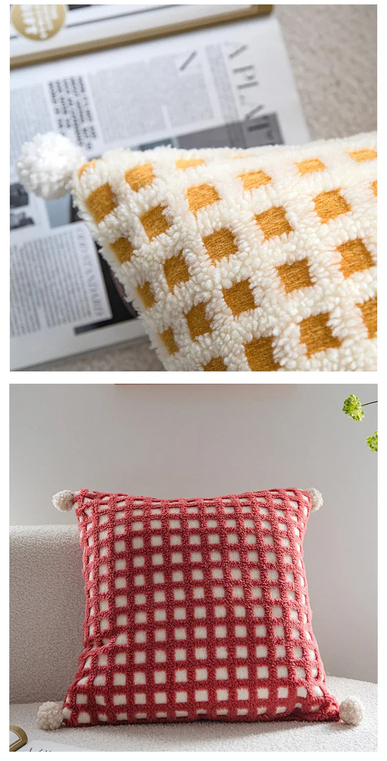 Beige and Yellow 3D Checkered Cushion Cover with Pom Poms - Soft Decorative Pillow Case for Sofa & Living Room (45x45cm, Cover Only) - Mekamart Australia