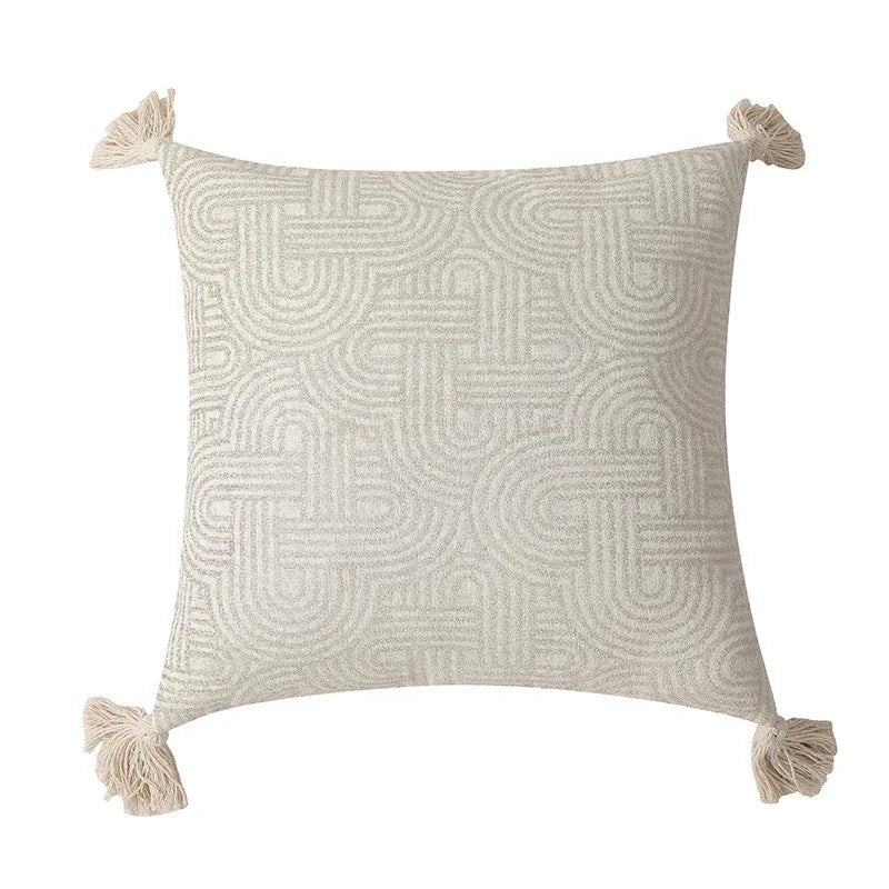 Beige Chic Geometric Jacquard Cushion Covers with Tassels - Set of 2, Plush Blend for Sofa & Bed Decor (45x45cm, Insert Not Included) - Mekamart Australia